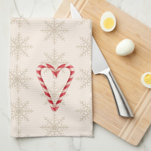 Candy Cane Hjärtillustration Snöflingemönster Kökshandduk (Vikt i Fjärdedel)