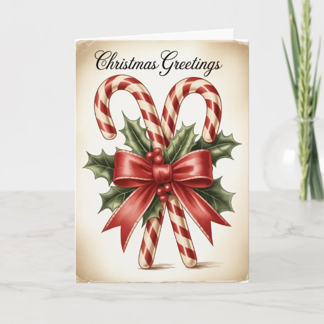Candy Cane & Holly Bow Julkort Kort (Framsida)