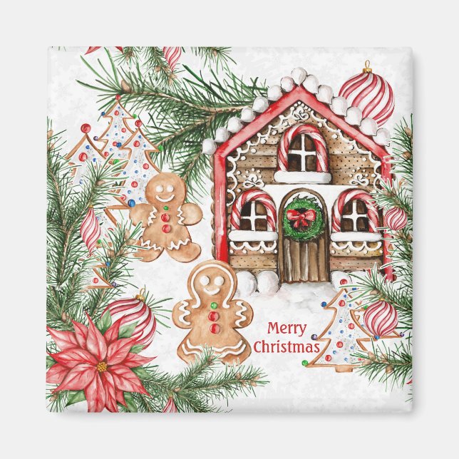 Candy cane house, pepparkaksgubbe, poinsettia magnet (Framsidan)