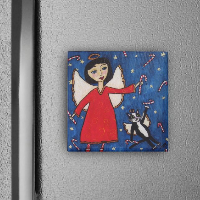 Candy cane jul Angel Magnet (Angel floating in blue sky stars with angel cat and candy canes on Christmas square magnet.)