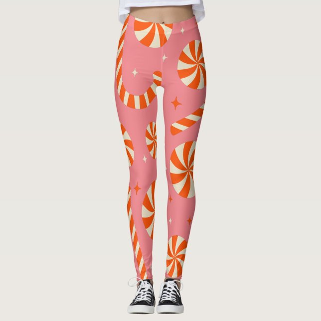 Candy cane julretro mönster leggings (Framsida)