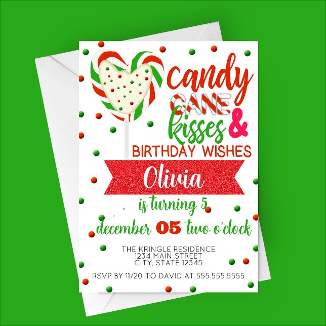 Candy cane Kisses Birthday Önskemål Party Inbjudningar (Candy Cane Kisses and Birthday Wishes | Candy Cane Heart Candy Birthday Party Invitation)