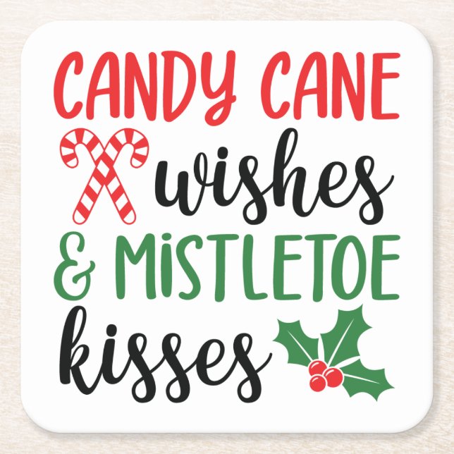 Candy cane Önskemål och Mistletoe Kisses Underlägg Papper Kvadrat (Framsidan)