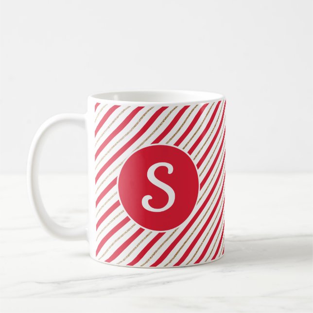 Candy cane Red Faux Guld Rand Monogram Mugg (Vänster)