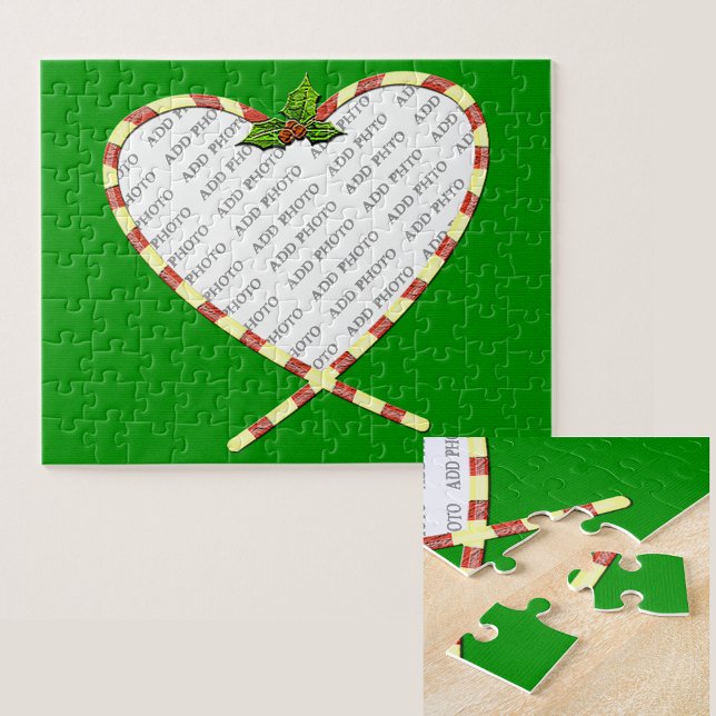 Candy canehjärta tillfogar din fotoram pussel (Candy Cane Heart Your Photo Jigsaw Puzzle)