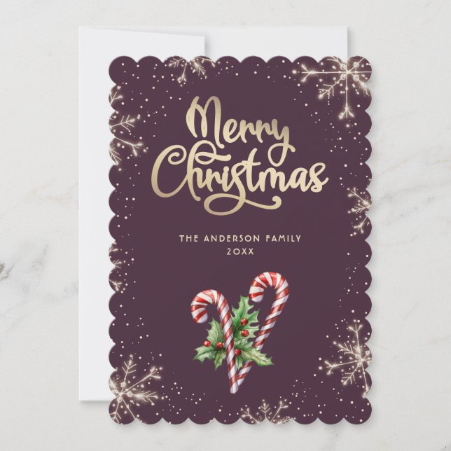 Candy Canes Holly Berries Violet Christmas Card Julkort (Framsida)