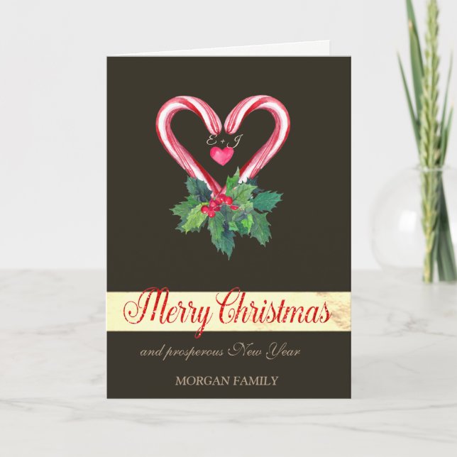 Candy Canes,Holly Berry,Kärlek,Monogram Helgkort (Framsida)