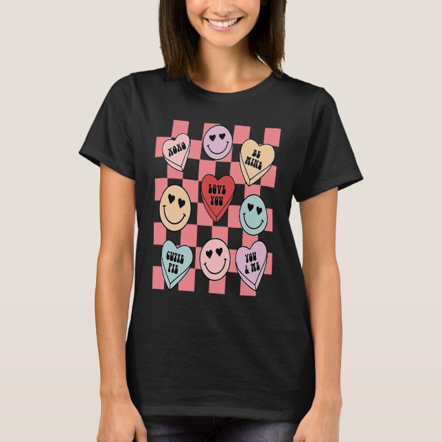 Candy Conversation Hearts Retro Groovy Valentines  T Shirt (Framsida)