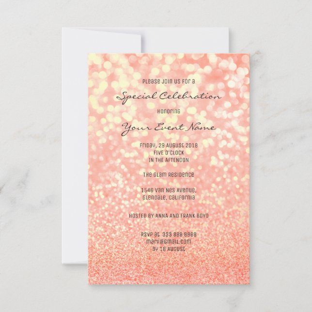Candy Coral Guld Glitter Champaign Foxier Sparkly Inbjudningar (Framsida)