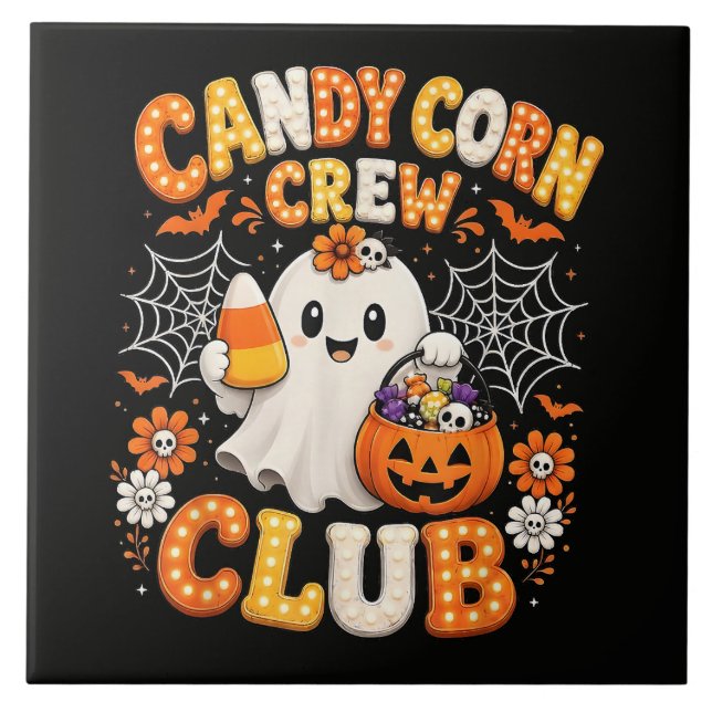 Candy Corn Besättning Spöke Halloween Kakelplatta (Framsidan)