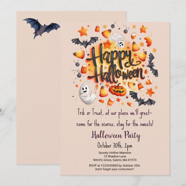 Candy corn Bus eller godis Fladdermus Halloween fe Inbjudningar (Fram/baksida)