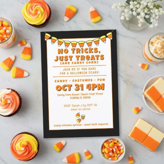 Candy corn Costume Party Halloween-inbjudan Inbjudningar (No tricks just all the treats at your candy corn costume party. Add your details and eat them all)