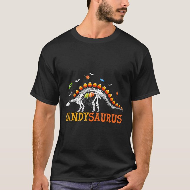 Candy corn Dinosaur Skeleton Happy halloween T Shirt (Framsida)