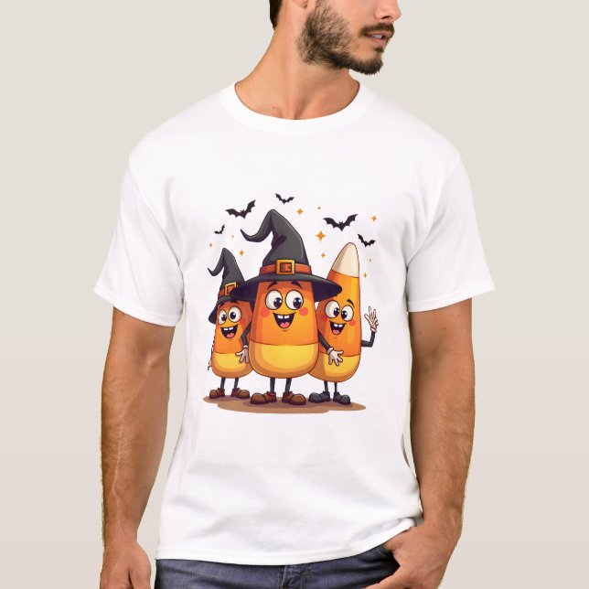 Candy Corn Trio � Roliga Halloweenfigurer T Shirt (Framsida)