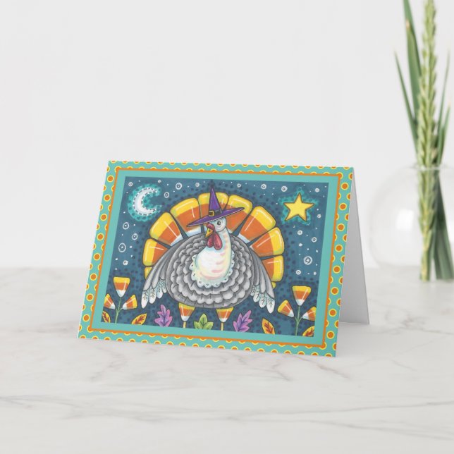 CANDY CORN TURKIET "HAPPY THANKSGIVING" FOLK ART KORT (Framsida)