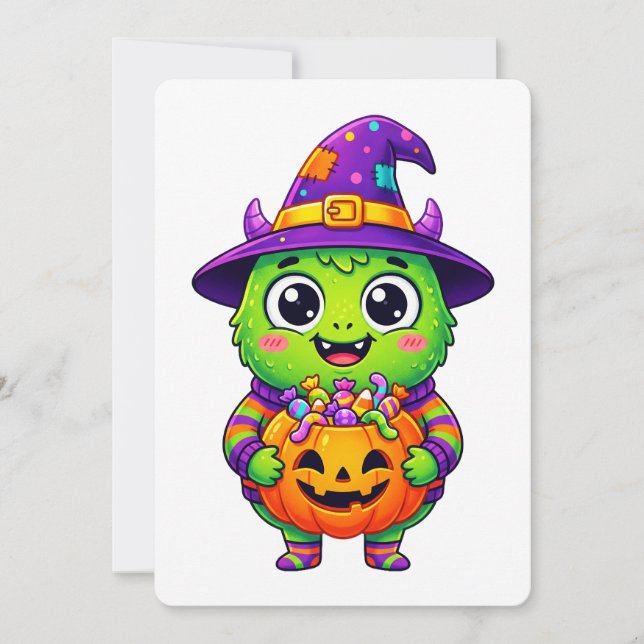Candy Creature Häxa med pumpa Inbjudningar (Framsida)
