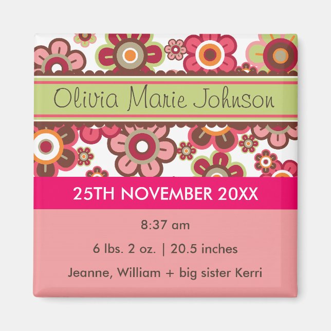 Candy Daisys Mönster Birth Announcement Magnet (Framsidan)