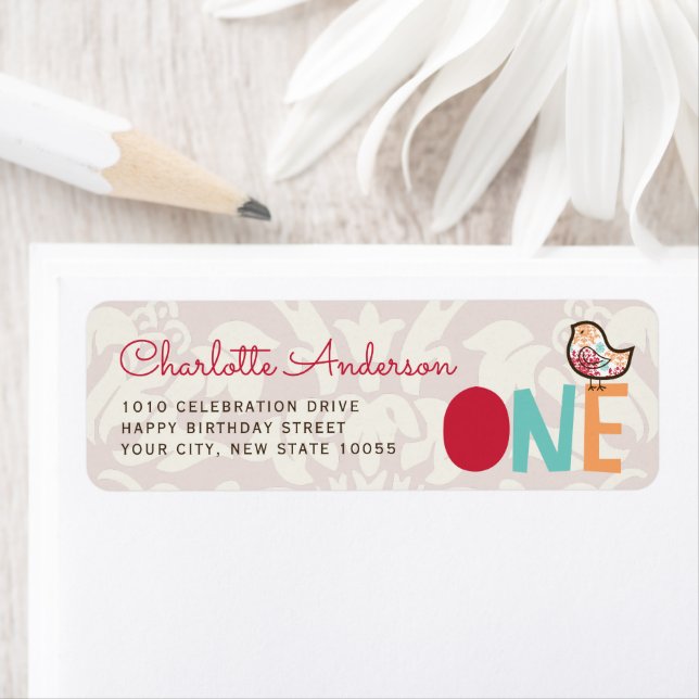 Candy Damask Chick Flicka 1-årsdag Adressetikett Returadress Etikett (Insitu)