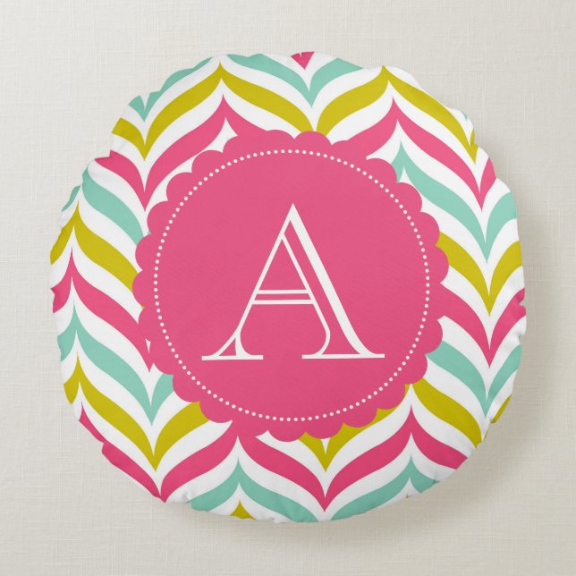 Candy Färgad Chevron Vågar Monogram Round Rund Kudde (Framsidan)