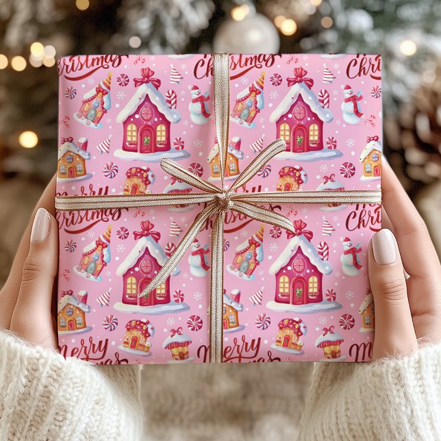 Candy Festive Whimsitive Rosa God jul Presentpapper (Candy Festive Whimsical Pink Merry Christmas Wrapping Paper)