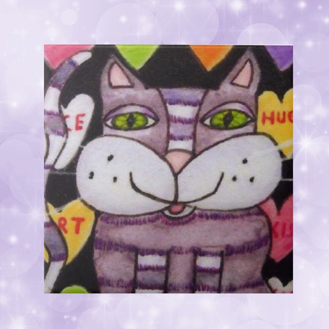 Candy Heart Lila Cat Valentine Kakelplatta (Purple cat green eyes colouful candy hearts on black decorative ceramic tile.)