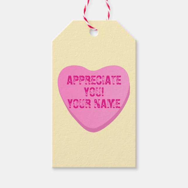 Candy Heart med Anpassningsbar Text-Rosa Heart på  Presentetikett (Framsidan)