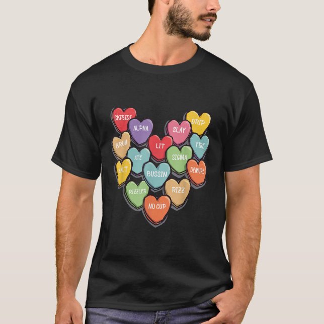Candy Heart Slang Ord Valentines day för skolan, T Shirt (Framsida)