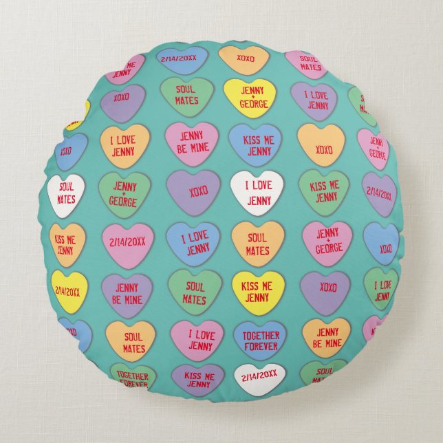 Candy Hearts Anpassningsbar Messages Valentine Rund Kudde (Framsidan)