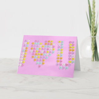 Candy Hearts Valentine Card med rosa bakgrund Helgkort