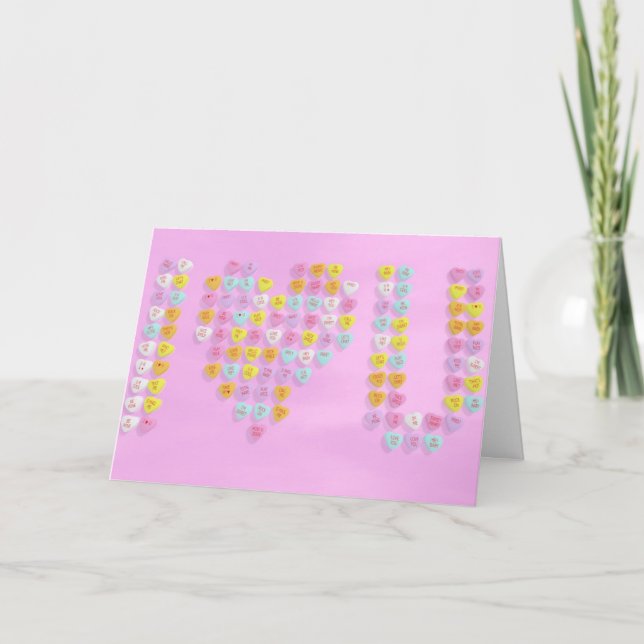 Candy Hearts Valentine Card med rosa bakgrund Helgkort (Framsida)