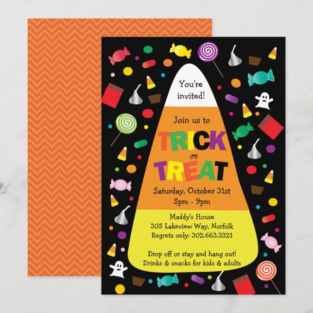Candy-inbjudan till bus eller godis Halloween Inbjudningar (Fram/baksida)