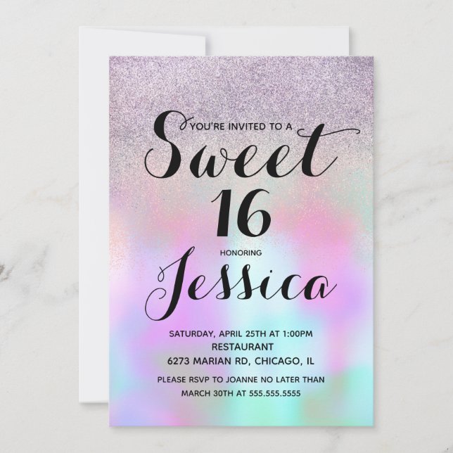 Candy Ink Flytande Marmor Glitter Sweet 16 Inbjudningar (Framsida)