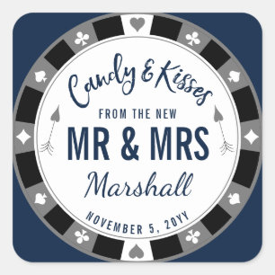 Candy & Kisses från New Mr och Mrs Navy Poker Fyrkantigt Klistermärke