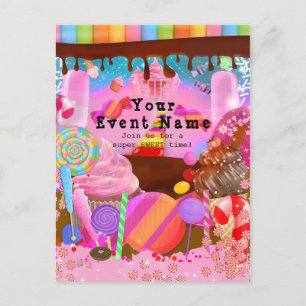 Candy Land-fest Fantasi Födelsedagsflygblad Inbjud Inbjudan Vykort