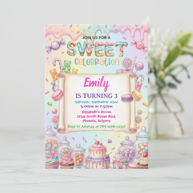 Candy Land Flickas Födelsedag Söt Firande Regnbåge Inbjudningar (Stående Fram)