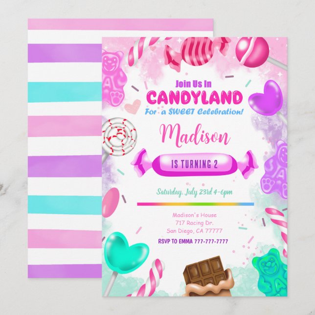 Candy land födelsedagsinbjudan inbjudningar (Fram/baksida)