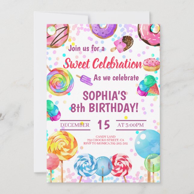 Candy Land Girl Birthday Sweet Firande Rainbow Inbjudningar (Framsida)