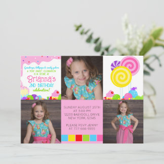Candy Land Inspired 3 fotofödelsedagsinbjudan Inbjudningar