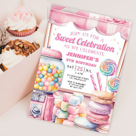Candy Land Watercolor Sweet Firande Birthday Inbjudningar