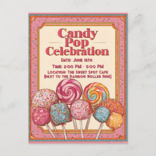 "Candy Pop Firande"-inbjudan med Lollipops Inbjudan Vykort
