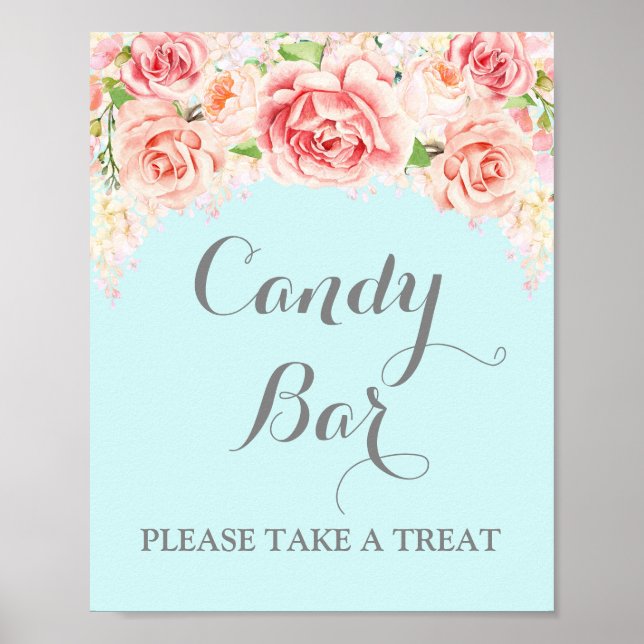 Candy Pub Bröllop Rosa Watercolor Blommigt Blue Poster (Framsidan)