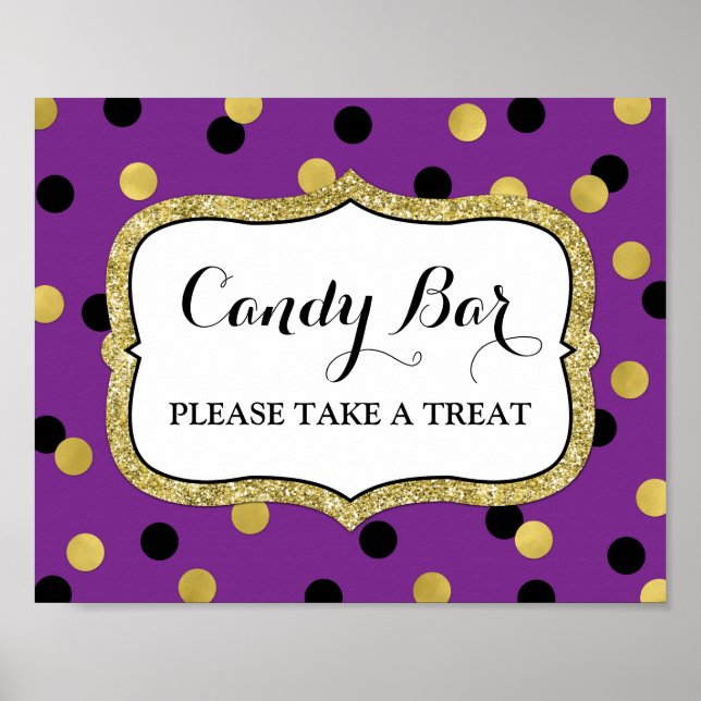 Candy Pub Bröllop Sign Lila Black Guld Confetti Poster (Framsidan)