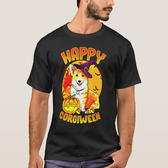 Candy Pumpkin Witch Corgi T Shirt (Framsida)