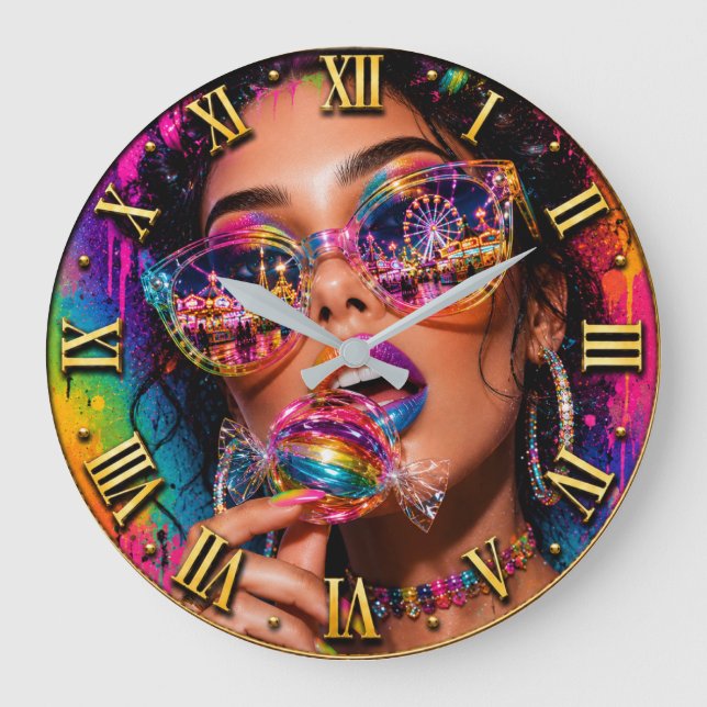 Candy Queen Fashion Pop Art Neon Candy Stor Klocka (Framsida)