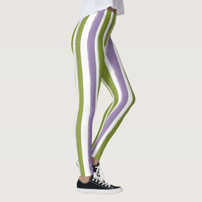 Candy Rand Art Grönt Lila Lodrät Rand Leggings (Höger)