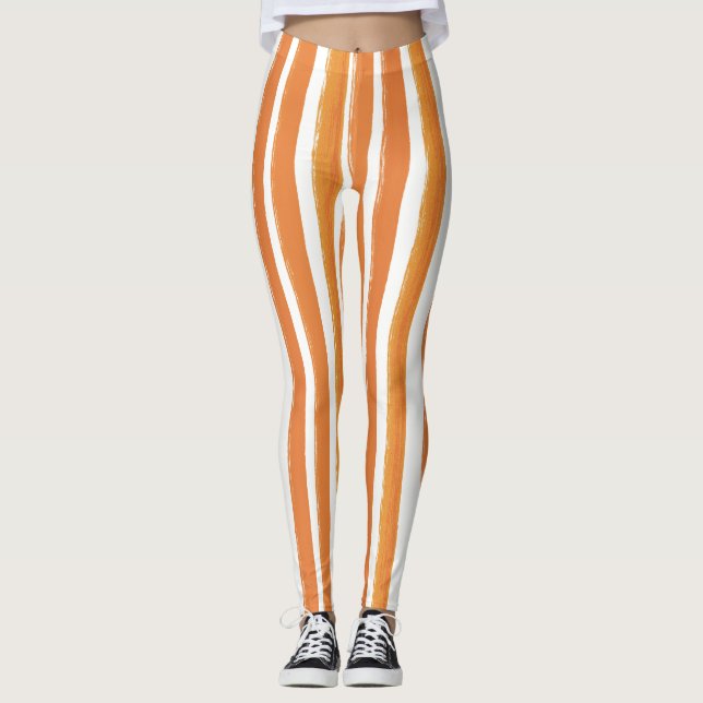 Candy Rand Art Orange och vitt Lodrät strimlat Leggings (Framsida)