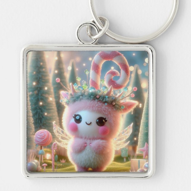 Candy Rosa Vingar Fyrkantig Silverfärgad Nyckelring (Framsidan)