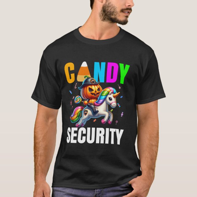 Candy Security Ghost Pumpkin Halloween Pappa Mamma T Shirt (Framsida)