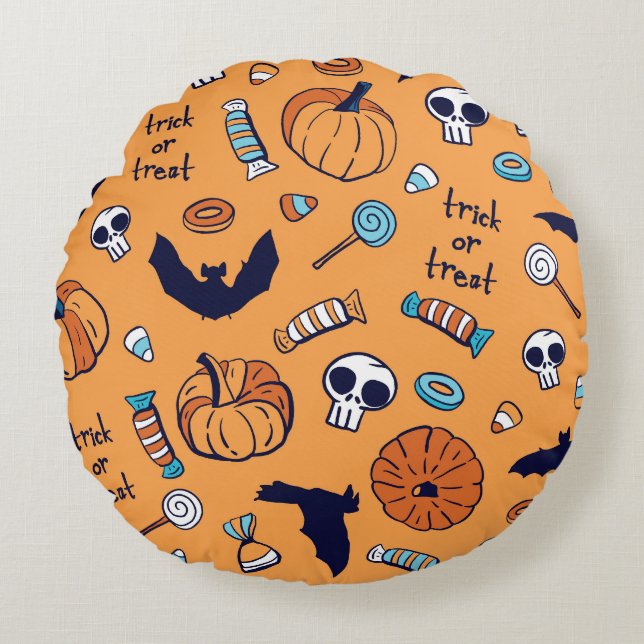 Candy Skull Pumpkin Fladdermus Seamless Mönster. Rund Kudde (Framsidan)