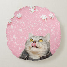 Candy Snowflake Cat Round Pillow